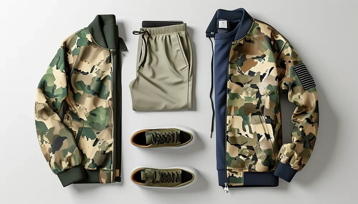 Stylish camo print activewear pieces laid out