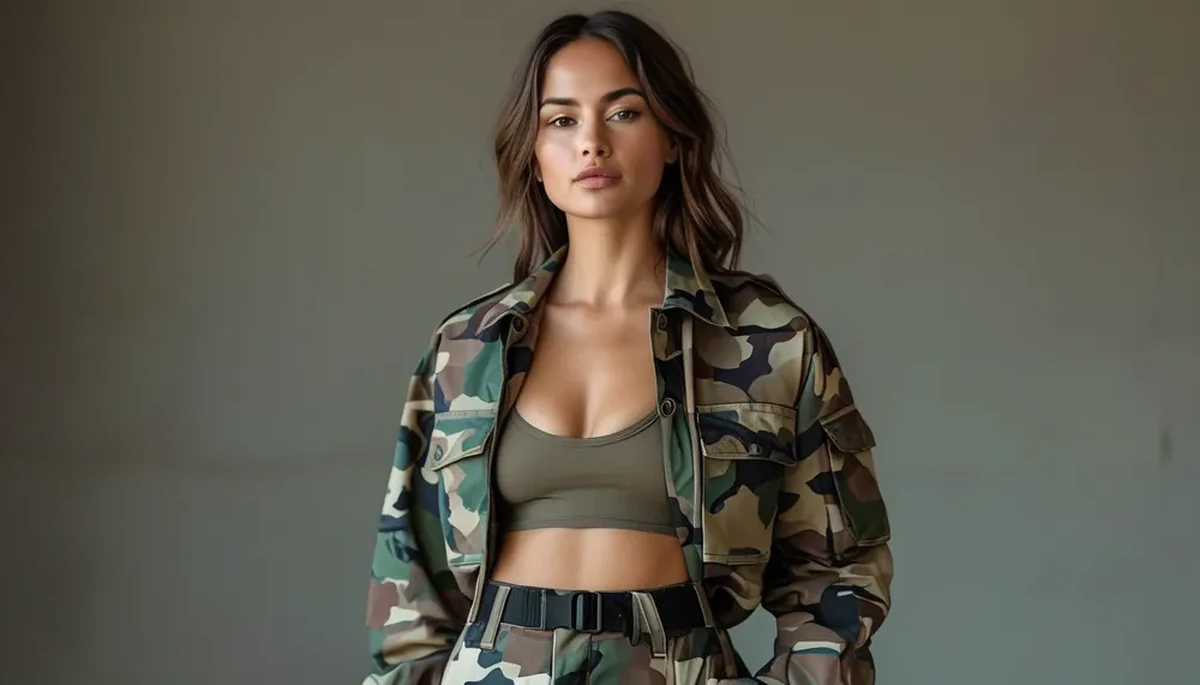 Woman wearing trendy camo leggings confidently