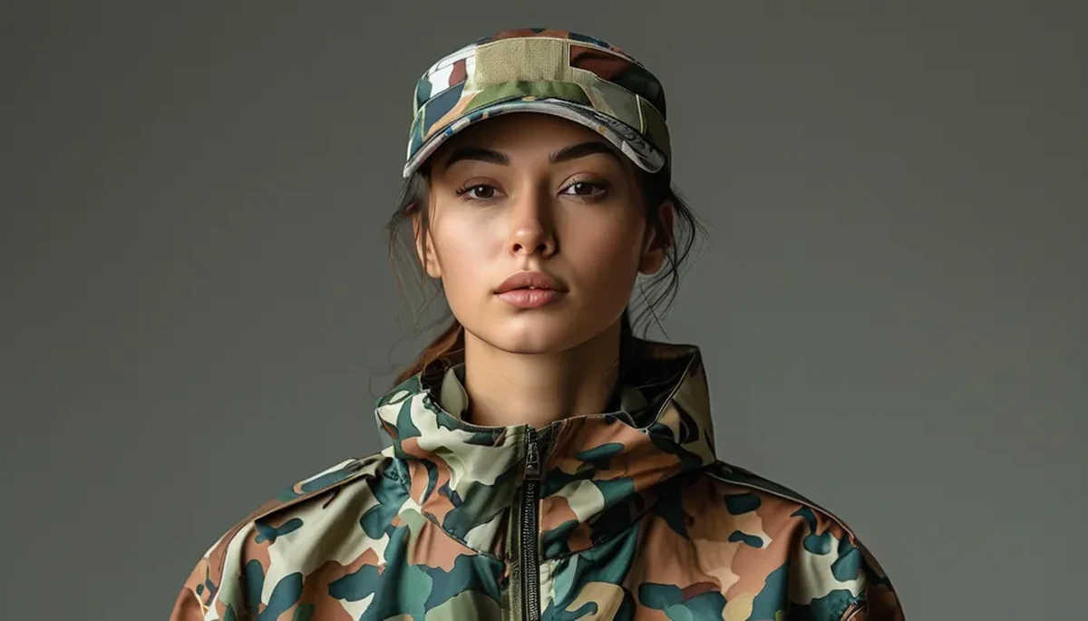 Woman in a camo activewear set styled casually