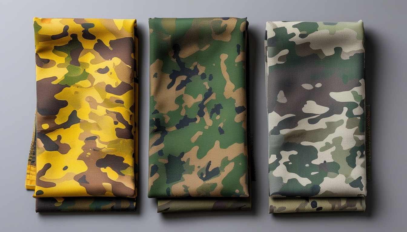 Three camo swatches: desert, green, and urban